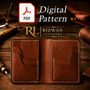 May include: A brown leather wallet with visible stitching and multiple card slots. The image includes a PDF icon and the text Digital Pattern and RL RIZWAN LEATHERS. The wallet is open, displaying a smooth interior surface with curved pocket edges.