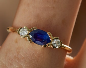 Solid gold diamond ring, Sapphire gold ring, 3 stone engagement ring, Gemstone wedding ring, 14k gold ring, Real diamond ring, Modern ring