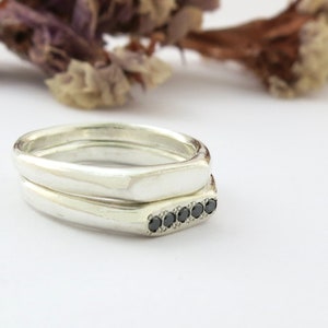 Signet ring set, Signet ring women, Black diamond ring, Ring for women, Silver signet rings, Pinky rings, Silver bar ring, Stacked rings
