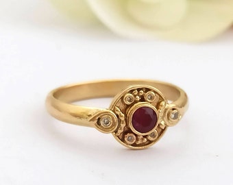 Diamond ruby ring, Boho gold ring, Ruby gold ring, Gold diamond ring, Gold ring for women, Antique style ring, Multi-Stone Ring, 14k, Solid