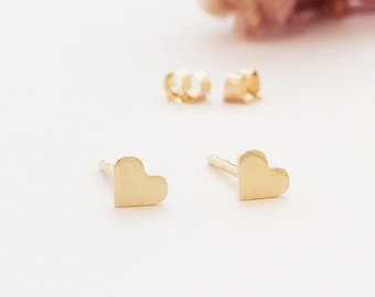 Gold heart studs, Solid gold earrings, 14k gold earrings, Tiny gold studs, Second hole earrings, Gold studs for girls, Ear piercing, Cute