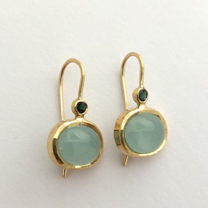 Gold earrings, 14k Drop earrings, Aquamarine earrings, Gold Boho jewelry, Yellow gold earrings, Oval earrings, Oval drop earring, Turquoise