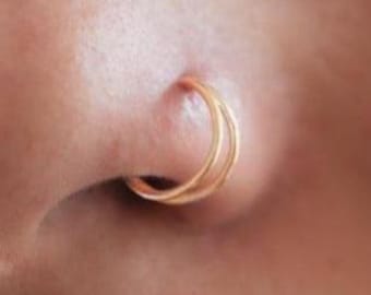 Double nose ring, Solid gold nose hoop, Minimalist nose ring, Delicate nose ring, 14k Nose piercing, Boho nose ring, Cute nose ring, Dainty