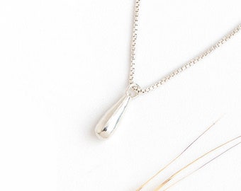 以下が含まれることがあります： 涙型のペンダントが付いたシルバーカラーのネックレス。ペンダントは繊細なチェーンから吊り下げられています。ネックレスは白い背景に表示され、右下隅には乾燥した草の束がいくつかあります。