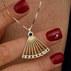 Black diamond gold necklace, Fan pendant necklace, 14k Solid gold necklace, Gold necklace for women, Dainty gold necklace, Triangle necklace