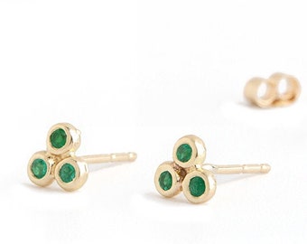 Emerald gold studs, Solid gold earrings, 14k gold earrings, Small gold earrings, Minimalist gold studs, Second hole earrings, Boho studs