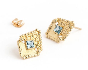 Aquamarine earrings, Solid gold earrings, 14k gold earrings, Solid gold jewelry gift, Gold stud earrings, Indian gold earrings, Ethnic, Boho