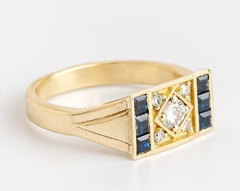 Diamond and sapphire ring, Gold signet ring, Diamond ring for women, 14k gold ring, Solid gold ring, Geometric ring, Unique ring, 0.18 ct