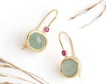 Aquamarine earrings, Gold gemstone earrings, Drop earrings, 14k gold earrings, Solid gold earrings, Oval earrings, Ruby earrings, Modern