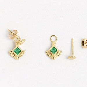 Gold Pendant earrings, Emerald earrings, Real gold earrings, 14k gold studs, Solid gold studs, India earrings, Ethnic earrings, Gemstone