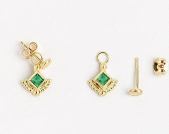 Gold Pendant earrings, Emerald earrings, Real gold earrings, 14k gold studs, Solid gold studs, India earrings, Ethnic earrings, Gemstone