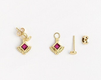 Ruby stud earrings, Gold Pendant earrings, 14k gold studs, Solid gold earrings, Dainty earrings, Drop earrings, Boho gold earrings, Ethnic