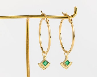 Emerald earrings, Gold hoop earrings, Pendant hoop earrings, 14k gold earrings, India earrings, Boho earrings, Ethnic hoops, Antique hoops