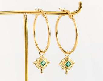 Emerald earrings, Solid gold hoops, Pendant hoops, Gold hoop earrings, Unique hoop earrings, 14k gold earrings, Boho earrings, Ethnic, India