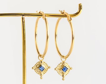 Blue sapphire earrings, Solid gold hoops, Gold hoop earrings, Pendant hoops, 14k gold earrings, India earrings, Boho earrings, Antique