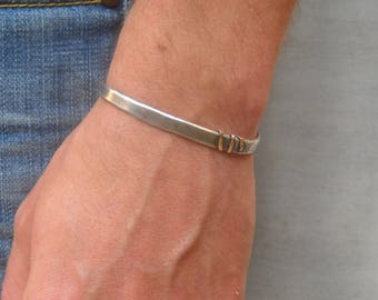 Men's bracelet, Men's silver bracelet, Silver cuff, Gift for him, Modern silver jewelry, 14K cuff, Silver & gold bracelet, Rustic bracelet