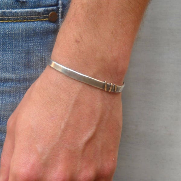 Men's bracelet, Men's silver bracelet, Silver cuff, Gift for him, Modern silver jewelry, 14K cuff, Silver & gold bracelet, Rustic bracelet