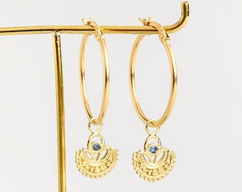 Blue sapphire earrings, Solid gold hoops,  Boho earrings, Dainty hoops, Gold hoop earrings, Pendant hoops, 14k gold earrings, India earrings