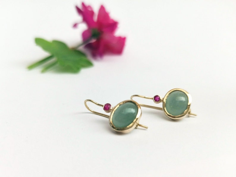 Aquamarine earrings, Gold gemstone earrings, Drop earrings, 14k gold earrings, Solid gold earrings, Oval earrings, Ruby earrings, Modern image 2