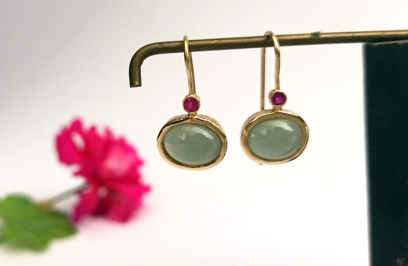 Aquamarine earrings, Gold gemstone earrings, Drop earrings, 14k gold earrings, Solid gold earrings, Oval earrings, Ruby earrings, Modern image 6