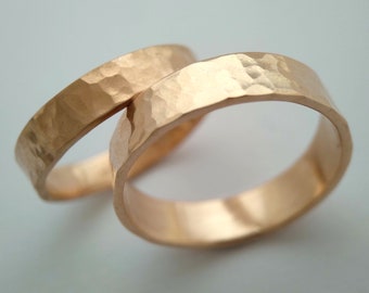 Wedding band set, Couple wedding band, Rose gold wedding bands, Hammered wedding ring, Matching wedding bands, His & hers, 14k wedding rings