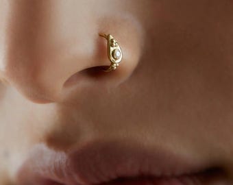 Diamond nose ring, Western Nose Ring, Solid gold nose hoop, 14k Nose piercing, India nose ring, Delicate Ethnic nose ring, Teardrop Boho
