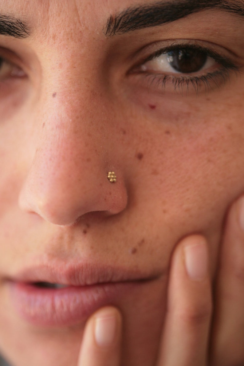 Gold nose stud, Flower nose stud, India nose stud, Solid gold nose stud, Tiny nose Stud, Nose piercing, 14k gold nose stud, Dainty, Boho image 4