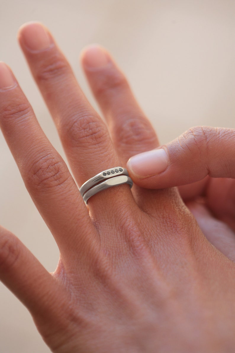 Signet ring set, Signet ring women, Black diamond ring, Ring for women, Silver signet rings, Pinky rings, Silver bar ring, Stacked rings image 2