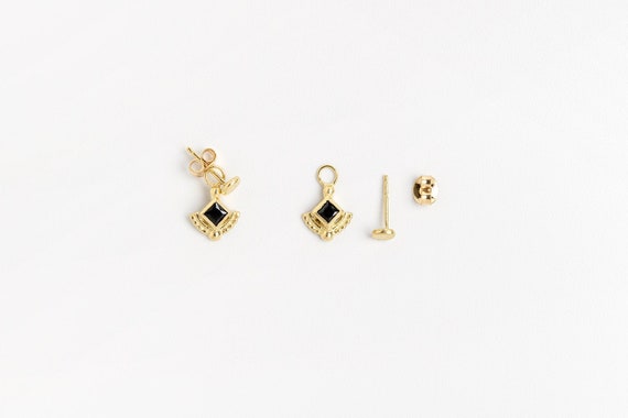 Gold Pendant earrings, 14k gold studs, Black Spinel earrings, Solid gold earrings, Dainty earrings, Drop earrings, Boho gold earrings,Ethnic