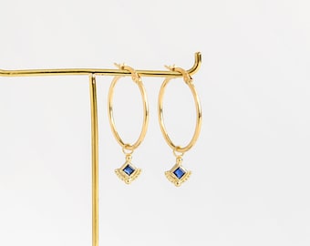 Blue sapphire earrings, Solid gold hoops, Gold hoop earrings, Pendant hoop earrings, 14k gold earrings, India earrings, Boho earrings,Dainty