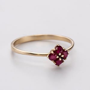 Könnte beinhalten: Ein goldener Ring mit einem Cluster aus tiefroten Edelsteinen in einem floralen Arrangement. Der Ring hat ein poliertes Goldband, und die Edelsteine sind eng beieinander gesetzt, was einen auffälligen Kontrast erzeugt.