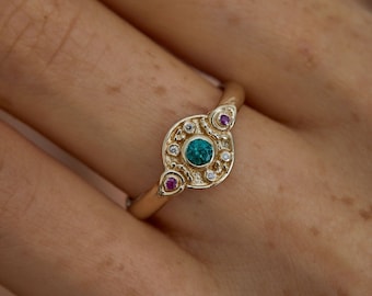 Emerald diamond ring, Antique style engagement ring, Multi-stone ring, Ruby and diamond ring, Artisan gold ring, Solid gold gemstone ring