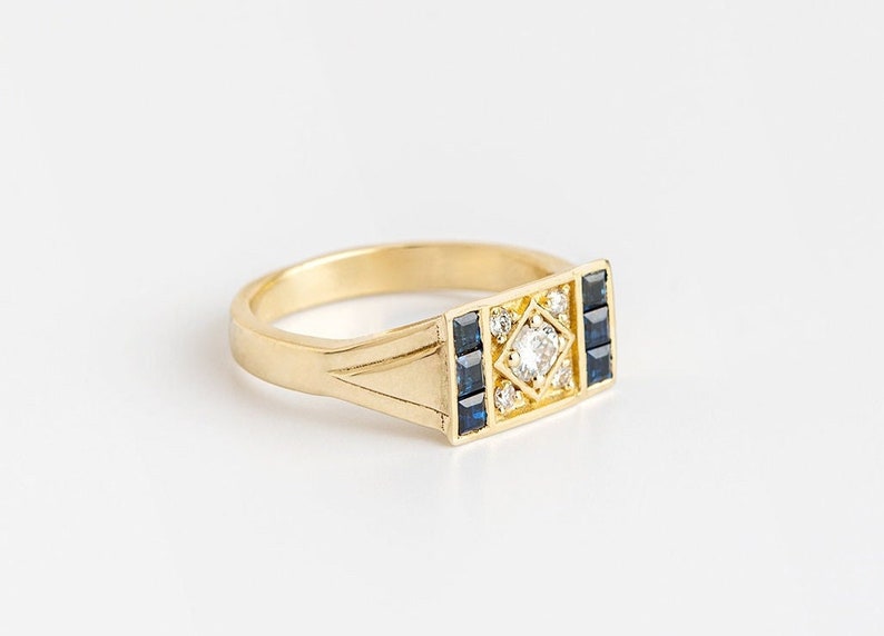 Diamond & sapphire ring, Gemstone signet ring, Diamond ring women, Modern Diamond ring, Solid gold diamond ring, Real gold ring, Geometric image 2