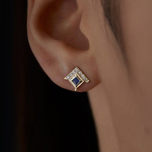 Diamant- en saffierstekers, massief gouden oorstekers, 14k studs, saffiersieraden, sierlijke gouden studs, diamanten sieraden voor vrouwen