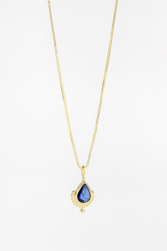 Sapphire gold necklace, Pear shaped necklace, Gemstone necklace, Solid gold necklace, 14k gold necklace, Indian necklace, Gold boho necklace