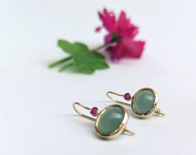 Aquamarine earrings, Gold gemstone earrings, Drop earrings, 14k gold earrings, Solid gold earrings, Oval earrings, Ruby earrings, Modern image 3