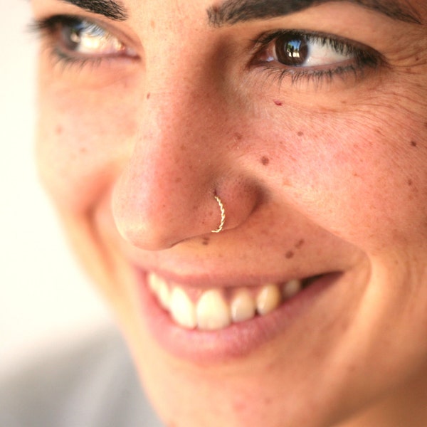 Nose ring, 14k Gold nose ring, Twisted nose ring, 14k yellow gold, Delicate nose ring, Hoop nose ring, 14k gold nose ring, Nose piercing