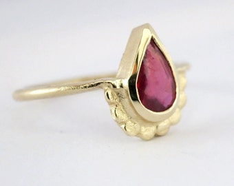 Gold ruby ring, Solid gold ring, 14k Gemstone ring, Flower gold ring, Alternative engagement ring, Pear shaped Engagement ring, Promise ring