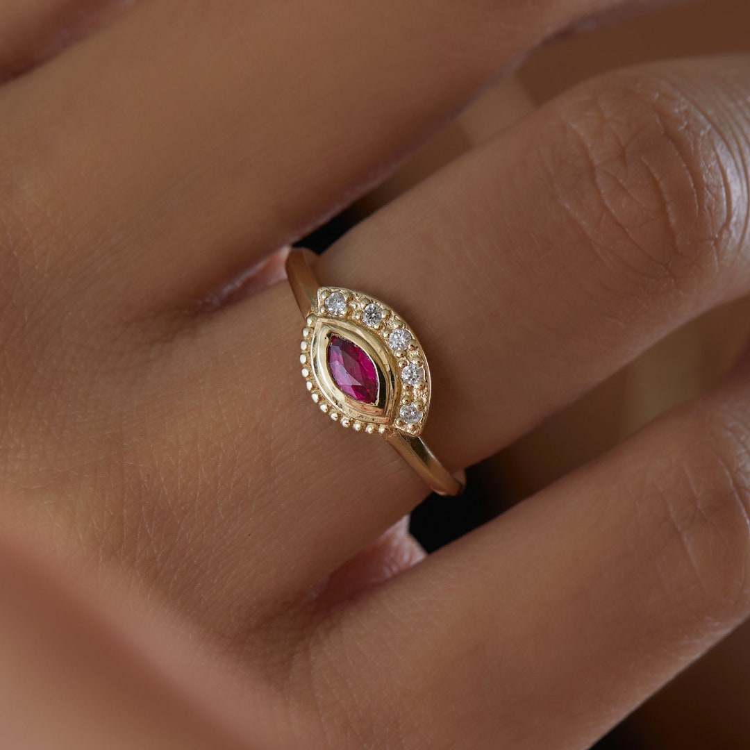 Diamond and Ruby Ring, Gold Diamond Ring, Marquise Gold Ring, 14k Gold ...