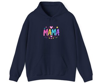 Sudadera con capucha colorida con diseño de corazón "MAMA"