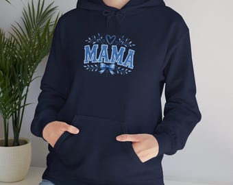 Sudadera con capucha y corazón "Mama Script" / Letras florales azules