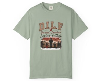 Camiseta D.I.L.F. (Padre Devoto, Involuntario y Amoroso) / Diseño de silueta de papá al atardecer