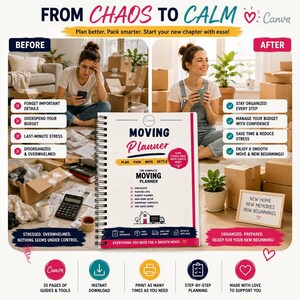 Könnte beinhalten: Ein spiralgebundener Umzugsplaner mit weißem Einband, der den Text Moving Planner, Plan Pack Move Settle sowie eine Grafik eines Hauses und eines Lastwagens zeigt. Der Einband listet Inhalte wie Checklisten und Budgetplaner auf.