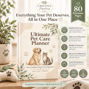 Puede incluir: Un planificador de cuidados para mascotas de color beige titulado Ultimate Pet Care Planner, con ilustraciones de un golden retriever y un gato atigrado. La portada incluye el texto Everything Your Pet Deserves, All in One Place y The Complete Dog & Cat Organizer.