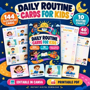 Può includere: Un set di carte per la routine quotidiana dei bambini con 144 carte illustrate, 10 tabelle di routine e 40 pagine. Il design include personaggi dei cartoni animati, stelle e una luna. Il testo include Daily Routine Cards For Kids e Printable PDF.