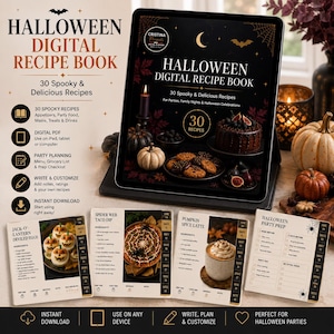Peut inclure: Un livre de recettes numérique affiché sur une tablette avec un thème Halloween sombre, un gâteau au chocolat, des citrouilles et le texte Halloween Digital Recipe Book. Quatre fiches recettes pour œufs, trempette et latte sont présentées.