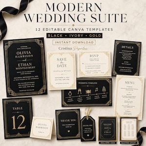 Può includere: Un set di 12 modelli modificabili di cancelleria per matrimoni in nero, avorio e oro. Il set include inviti, schede RSVP, menu e cartelli con bordi geometrici e testi come Modern Wedding Suite e Save the Date.