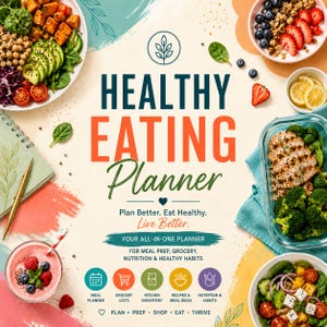 Può includere: Un pianificatore di alimentazione sana con il testo Plan Better. Eat Healthy. Live Better. La copertina presenta illustrazioni di ciotole con insalata, frutta e pollo, insieme a icone per la pianificazione dei pasti e il monitoraggio.