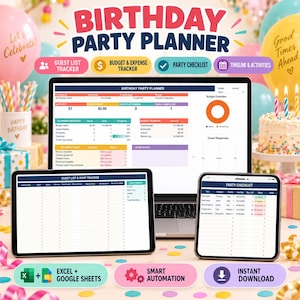 Può includere: Un pianificatore digitale per feste di compleanno visualizzato su un computer portatile, un tablet e uno smartphone. Gli schermi mostrano fogli di calcolo per liste degli invitati, budget e liste di controllo. Il testo include "BIRTHDAY PARTY PLANNER".
