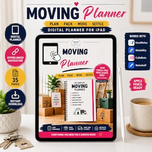Könnte beinhalten: Ein digitaler Umzugsplaner auf einem Tablet-Bildschirm mit dem Text Moving Planner, Plan Pack Move Settle sowie einer Liste von Checklisten, Packlisten und Budget-Tools. Die Benutzeroberfläche enthält Symbole für Navigation und Kompatibilität.